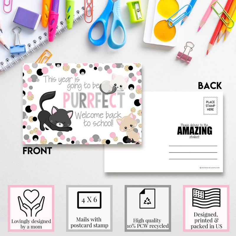 Amanda Creation Cute Kitty Cat Themed Welcome Back To School Blank Postcards For Teachers To Send To Students, 4"x6" Fill In Notecards by AmandaCreation (30) - Image 2